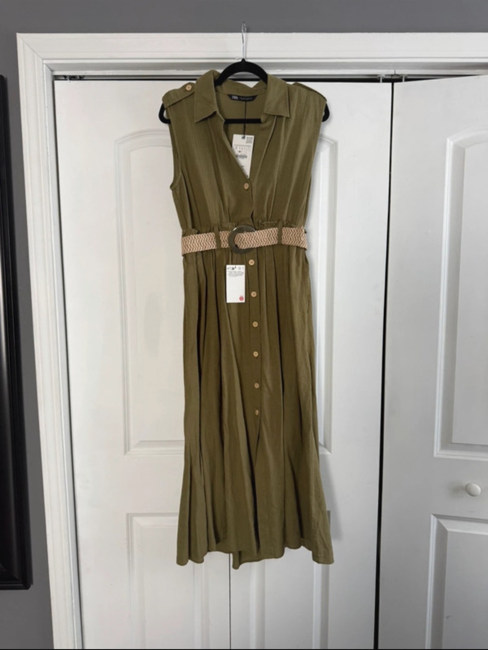 Zara Olive Green Sleeveless Shirt Midi Dress with Braided Belt - Picture 4 of 4